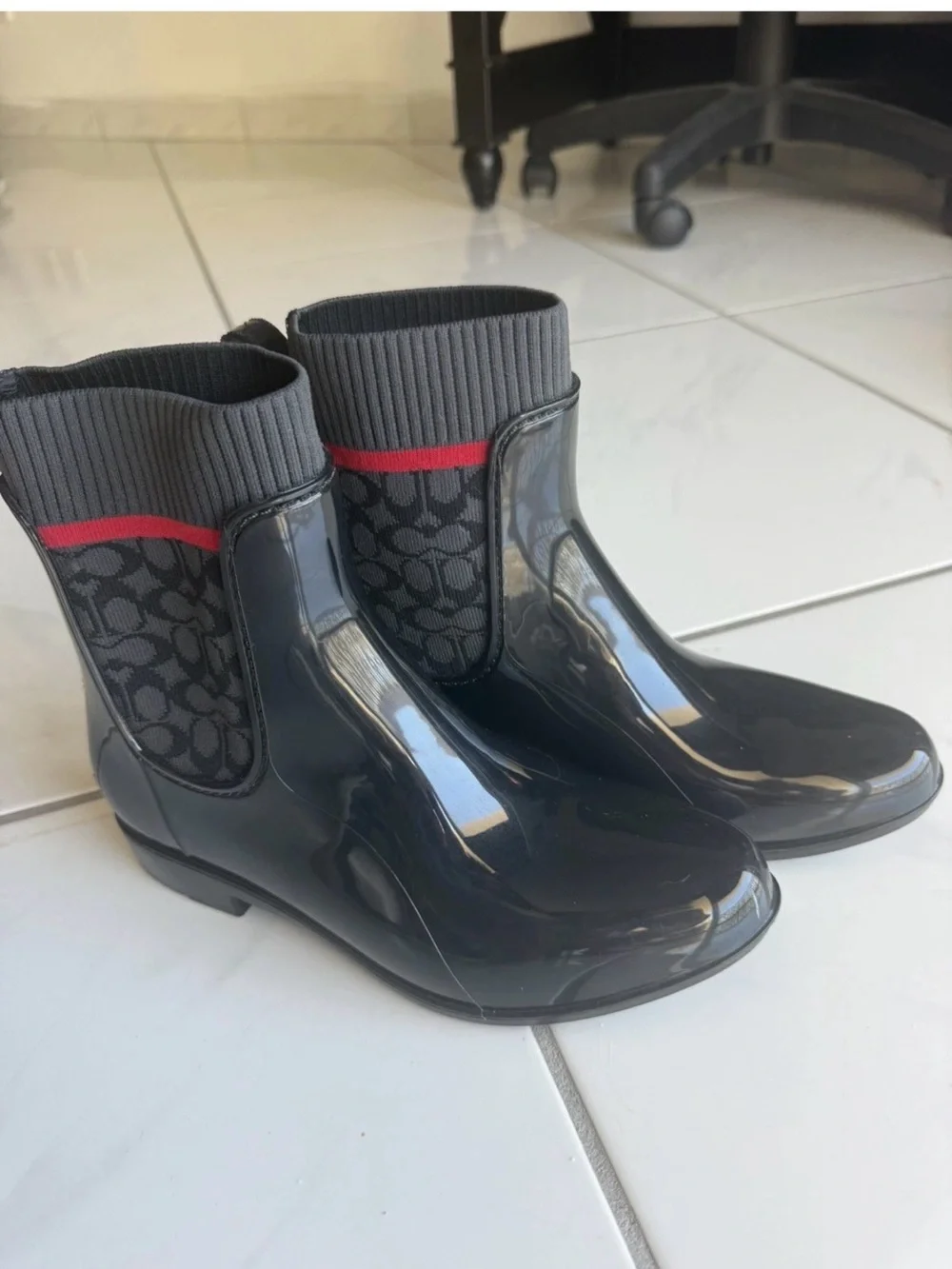 Coach Black Gloss Rain Ankle Boots with Knit Cuff and Red Accent